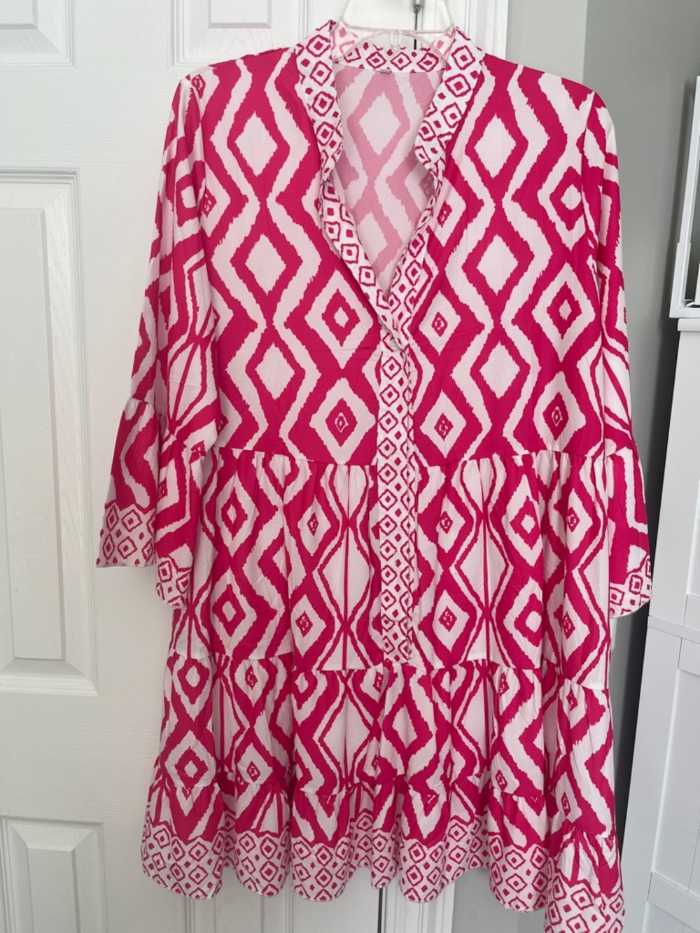Amazon Pink and White Geometric Tiered Tunic Dress